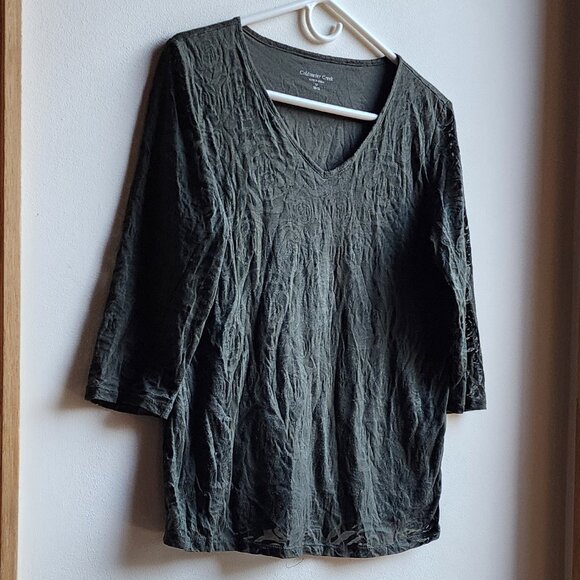 Coldwater Creek Green Stenciled V-Neck Short Sleeve Jersey Size Medium - Picture 4 of 16